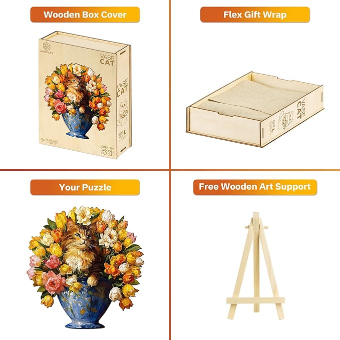 Jigfoxy Wooden Puzzles for Adults, The Vase Cat Wood Puzzles Adult, Unique Animal Shape Wooden Jigsaw Puzzles for Adults, Birthday Gifts for Puzzle Lovers, Family, Friend (S-7.4 * 7.7in-86pcs)-CubbioJoy
