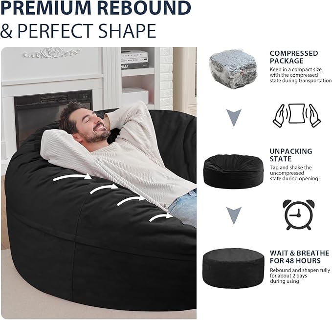 6FT Bean Bag Chair, Large Bean Bag Chairs with Memory Foam Filled, Fluffy Beanbag Sofa with Dutch Velvet Cover, Round BeanBag Chairs for Living Room, Playroom - Black-CubbioJoy