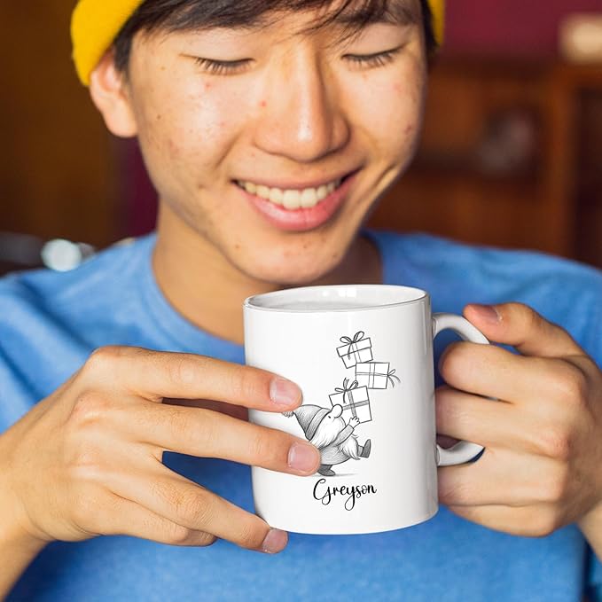 Cute Gnome With Box Accent Mug Cup Gift, Personalized Choose Name Gnome Ceramic Teacup 11 Oz 15 Oz, Unique Coffee Mug Gift For Gnomes Lover Kids Child Birthday, Custom Gnomes White Travel Mugs Gifts-CubbioJoy
