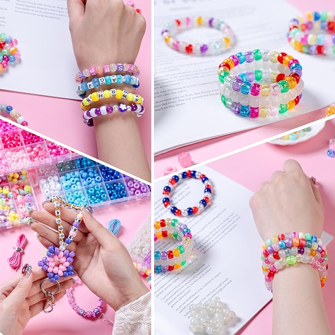 5 Boxes Bracelet Making Kit Pony Beads, 6x9mm Kandi Rave Beads & Hair Beads Set with UV Color Changing, Glow-in-Dark, Chrome & Alphabet Letters for Friendship Jewelry DIY Crafts-CubbioJoy