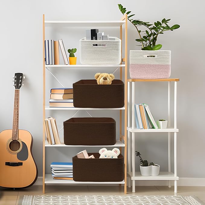 COMFY-HOMI Cotton Rope Woven Basket with Handles for Shelves,Toys,Book, Cloth Storage Baskets for Organizing-17" x 13" x 7.5" Toy Decorative Organizer for Living Room, Bathroom （dark brown）-CubbioJoy