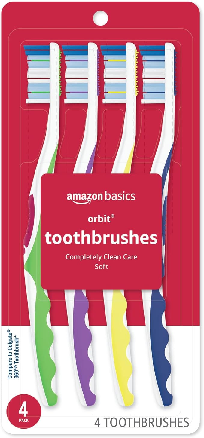 Amazon Basics Orbit Toothbrushes, Soft, Full, 4 Count, Assorted Colors (Previously Solimo)-CubbioJoy