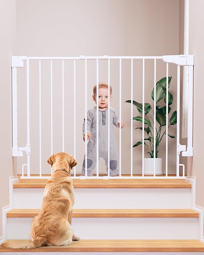 Cumbor 29.2-43" No Bottom Bar Baby Gate for Stairs, 2-in-1 Hardware Mounted Dog Gate Indoor, Auto Close Pet Gate for Doorways with Large Walk Thru Door, Wide Child-Proof Safety Gates for Kids (White)-CubbioJoy