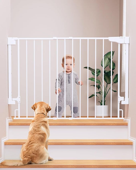 Cumbor 29.2-43" No Bottom Bar Baby Gate for Stairs, 2-in-1 Hardware Mounted Dog Gate Indoor, Auto Close Pet Gate for Doorways with Large Walk Thru Door, Wide Child-Proof Safety Gates for Kids (White)-CubbioJoy