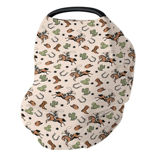 Country Western Car Seat Cover for Baby Cowboy Hat Boots Horse Cactus Stretchy 5-in-1 Covers Adjustable Car Canopy Breastfeeding Cover Wild West Desert Breathable Nursing Cover-Up-CubbioJoy