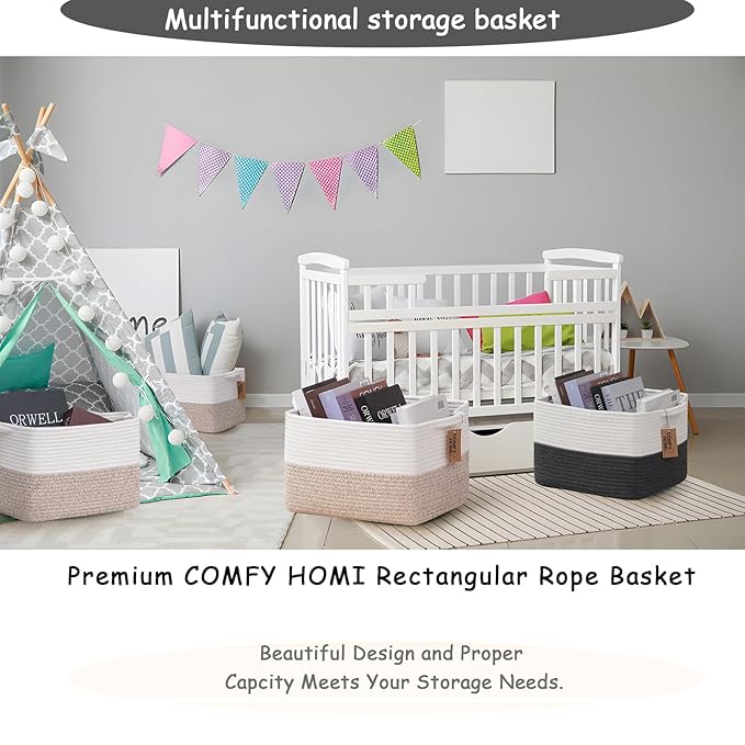 COMFY-HOMI 3-Pack Cotton Rope Woven Basket with Handles for Shelves, Books, Toys, Cloth Storage|Towel Storage|Nursery Baby Basket - 13.5" x 11" x 9.5" for Living Room (White/Brown)-CubbioJoy