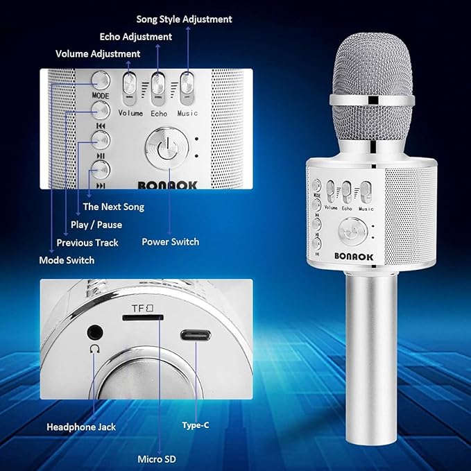 BONAOK Wireless Bluetooth Karaoke Microphone,3-in-1 Portable Handheld Mic Speaker for All Smartphones,Gifts for Kids Adults All Age Q37(Silver)-CubbioJoy