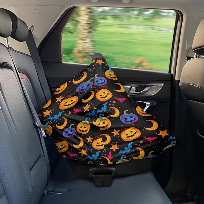 Binienty Galaxy Pumpkin Bats Moon Car Seat Covers for Babies, Halloween Decoration,Halloween Pumpkin Nursing Cover Breastfeeding Scarf, Stretch Baby Carseat Canopy-CubbioJoy