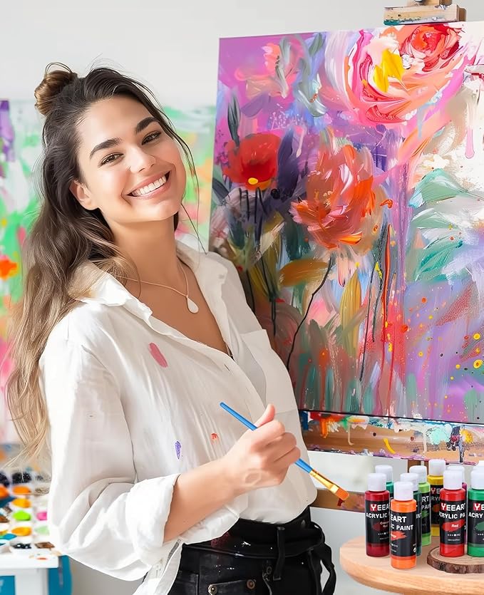 24 Colors Acrylic Paint Set, 2oz Bottles Classic Color, Rich Pigmented Canvas Paint Set, Premium Non-toxic Acrylic Paint for Artists, Kids & Adults, Art Supplies for Canvas Painting Rocks Wood Ceramic Model with 10 Brushes & Palette-CubbioJoy