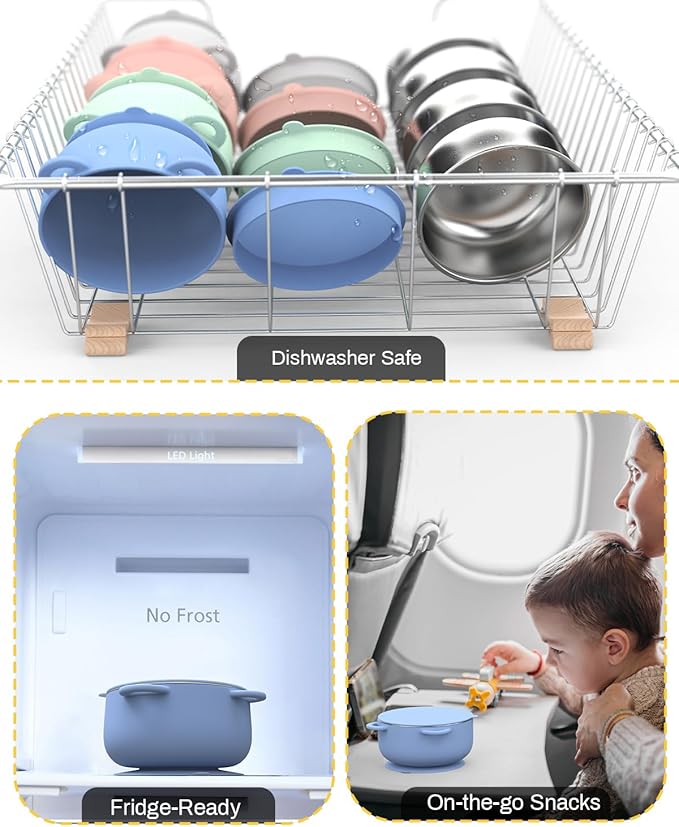 Baby Suction Bowls with Lids 4-Pack, 2-in-1 Stainless Steel 304 Toddler Bowl & Removable Silicone Suction Kids Bowl Plate Set Non Toxic Snack Dishes for Self-Feeding, Sunrise Meadow-CubbioJoy