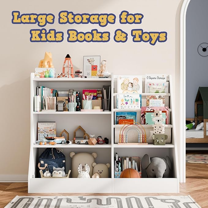 39" Large Kids Wooden Bookshelf and Toy Storage Organizer, Baby Bookcase with Sling Book Rack, Children Toddler Wooden Book Shelf for Kids Rooms, Playroom, Classroom, Nursery, School (White)-CubbioJoy
