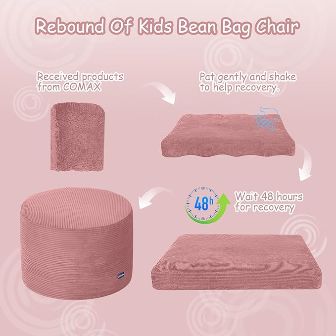 COMAX Kids Bean Bag Chair Turn into Beanbag Bed, Toddler Bean Chair Corduroy for Girl Boy Sleeping, Lazy Children Bean Bags with Filler, Convertible Child Floor Mattress, Light Pink-CubbioJoy