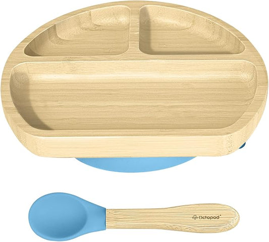 Abiie Octopod Bamboo Dish - Kids Plates for 4 months and up, 3-Compartment Baby Plates with Suction, Triangle Bamboo Baby Plate, Mess-Free Toddler Suction Plates, Baby Feeding Supplies, 8.3x1.9x7.7 in-CubbioJoy