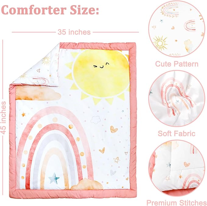 4-Piece Crib Bedding Set for Girls, Includes Comforter, Fitted Crib Sheet, Crib Skirt, and Diaper Stacker, Pink Rainbow-CubbioJoy