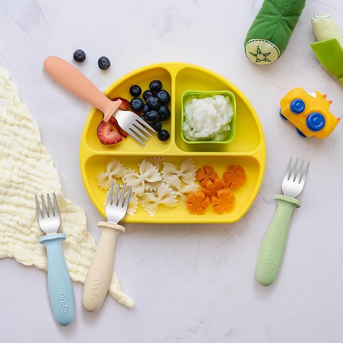 DRKIO 8 Pieces Toddler Forks Set - Baby Forks with Silicone Handle Children safe 18/8 Stainless Steel Toddler Utensils Set for Self Feeding Kids Silverware Anti-Choke Design Food Grade Dishwasher Safe-CubbioJoy