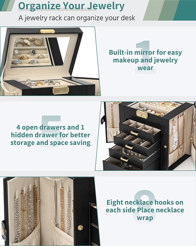 AKOZLIN 5-Tier Jewelry Box Leather Jewelry Storage Organizer with 4 Drawers Lockable for Women Girls Ring Necklace Earring Bracelet Watches Holder with Mirror Black-CubbioJoy