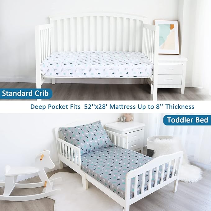 Crib Sheets for Boys or Girls 4 Pack, Baby Crib Sheets 52'' x 28'' for Standard Crib & Toddler Mattress, Soft and Breathable Material, Baby Crib Sheet Neutral, Grey Dinosaurs & Ocean-CubbioJoy