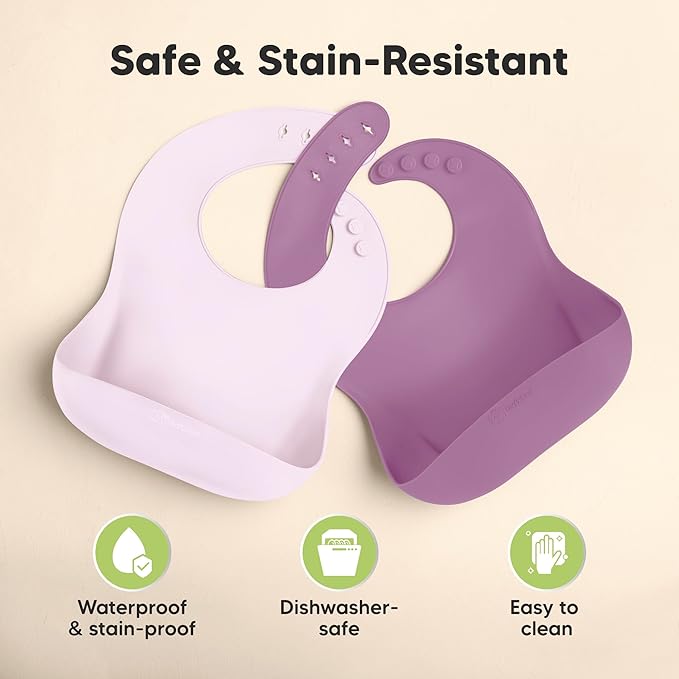 KeaBabies 2-Pack Silicone Baby Bibs for Eating - Sturdy Food-Grade Silicone Bibs for Babies Girl, Boy, Large Food Catcher, Clean & Put On Easily, Waterproof Toddler Feeding Essentials (Amethyst)-CubbioJoy