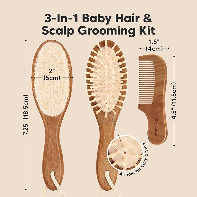 Baby Hair Brush and Comb Set for Newborn - Wooden Baby Hair Brush Set with Soft Goat Bristle, Baby Brush Set for Newborns,Baby Brush and Comb Set Girl, Boy,Toddler Cradle Cap Brush (Oval, Dark Walnut)-CubbioJoy