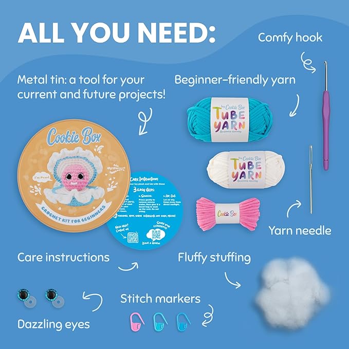 Cookie Box Crochet Kit for Beginners - Learn to Craft Amigurumi Stuffed Animals - Knitting Gift for Kids and Adults - Beginner-Friendly Yarn - Stitch-by-Stitch Video Tutorial - Oyster Pearl-CubbioJoy