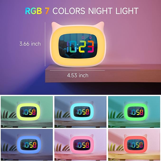 Cute Cat Ear Alarm Clock with RGB 7 Color Night Light & 18 Ringtones,Rechargeable Clock for Kids Bedroom,LED Colorful Digital Display,Bedside Clock for Boys,Girls Birthday Presents(Pink)-CubbioJoy