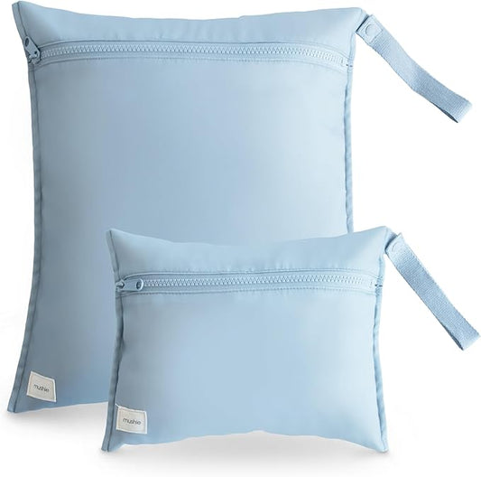 mushie Water Resistant Wet Bags | Large & Small Reusable Storage Bag for Baby Items and Travel | Zippered Pockets with Handle | Machine Washable, Set of 2 (Tradewinds)-CubbioJoy