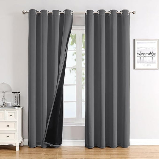 ChrisDowa 100% Blackout Curtains for Bedroom with Black Liner, 2 Thick Layers Total Blackout Thermal Insulated Grommet Long Window Curtains 2 Panels Set (Grey, 52 x 95 Inch)-CubbioJoy