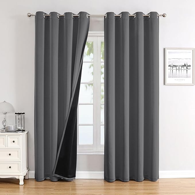 ChrisDowa 100% Blackout Curtains for Bedroom with Black Liner, 2 Thick Layers Total Blackout Thermal Insulated Grommet Window Curtains 2 Panels Set (Grey, 52 x 72 Inch)-CubbioJoy