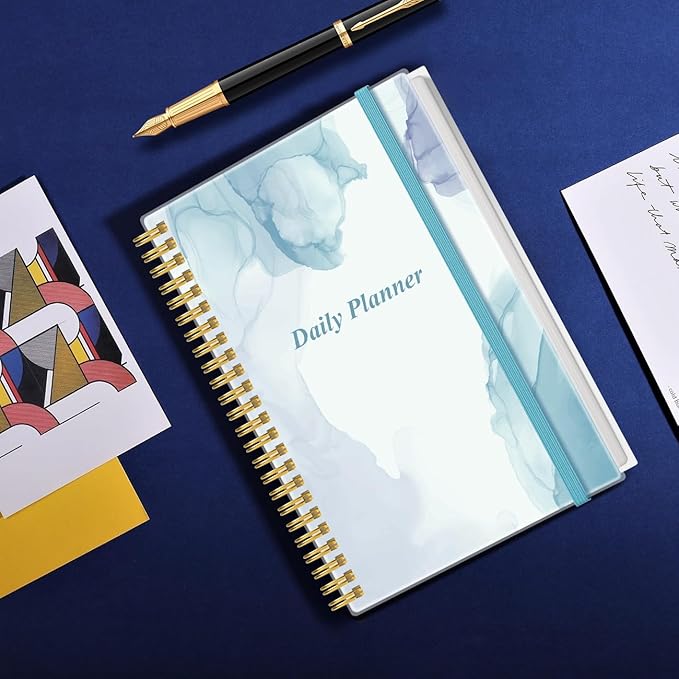 Daily Planner Undated - A5 To Do List Notebook Hourly Schedules, Spiral Appointment Planner for Women and Men, PVC Hardcover, Inner Pocket, Elastic Closure, 5.8" x 8.3", Blue Watercolor-CubbioJoy