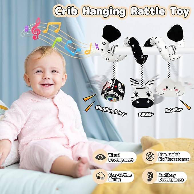 Car Seat Toys for Babies 0-6 Months,Hanging Rattle Toys for Crib Mobile, Baby Spiral Hanging Stroller Black and White High Contrast Toys for Newborn 0 3 6 9 12 Months Baby Boys Girls (Zebra)-CubbioJoy