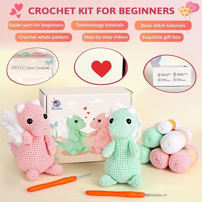 Crochetta Crochet Kit for Beginner, Crochet Starter Kit w Step-by-Step Video Tutorials, Crochet Kit for Beginners, Beginner Crochet Kit for Adults Kids Women Men Complete Kit Included (2 Dragons)-CubbioJoy