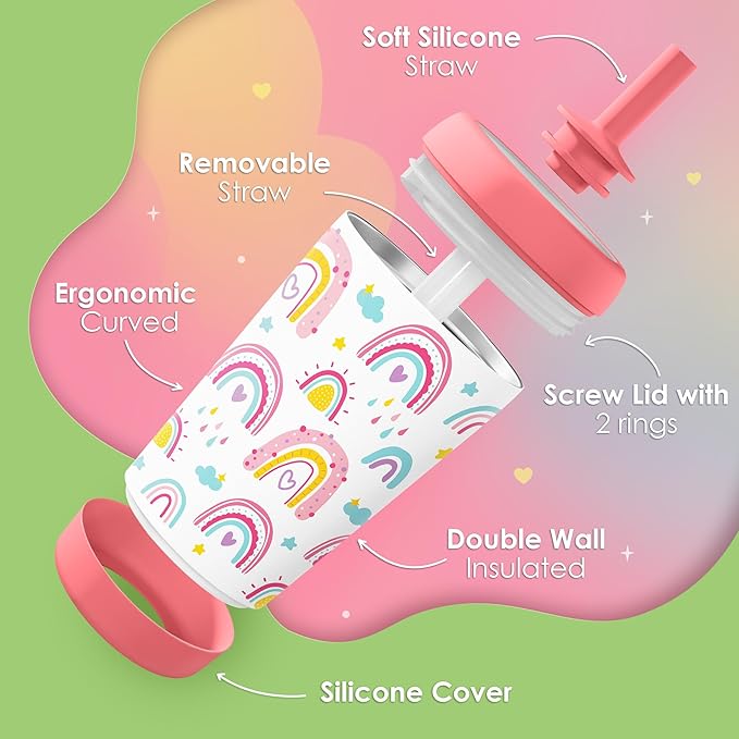 Kid Insulated Stainless Steel Tumbler with Silicone Straw, 12oz Sippy Cup for Kids (Sweet Rainbows)-CubbioJoy