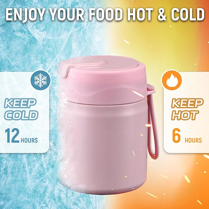 17oz Soup Thermo for Hot Food Kids Insulated Vacuum Food Jar with Stainless Steel Spoon Wide Mouth Thermo Leakproof Lunch Food Container Kids Hot Lunch Box (Pink)-CubbioJoy