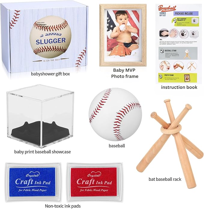 Baby Handprint & Footprint Kit with Photo Frame, Baseball Stand & Display Case – Perfect Newborn Keepsake, Baseball Baby Shower Gifts New Dad First Parent's Father's Day Gift-CubbioJoy