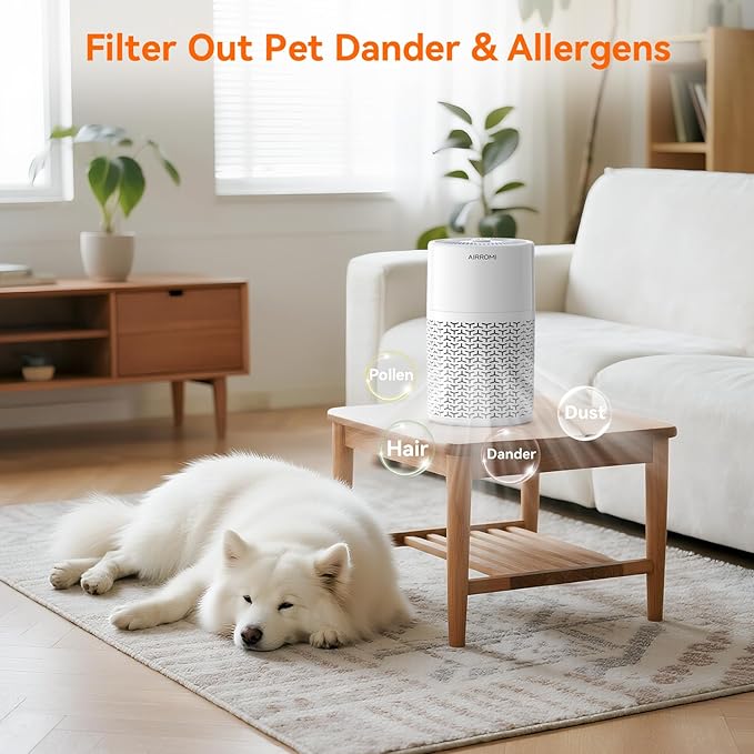 AIRROMI Pets Air Purifier for Home Allergies,Up to 660 ft².Yellow Deodorizing Activated Carbon Filter,With Fragrance Sponge for Better Sleep,Night Light,Pet Dander,Smoke,Odors,Air Cleaner A2002 White-CubbioJoy