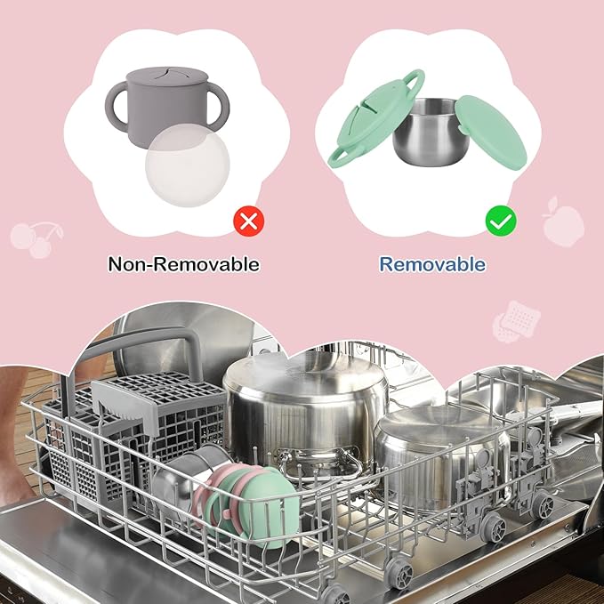 2 Pack Snack Cups for Toddlers Spill Proof - Detachable Stainless Steel Toddler Snack Cups with Silicone Lids & Handles - Dishwasher Safe Baby Snack Containers for Mess-Free Snacking (Green and Pink)-CubbioJoy