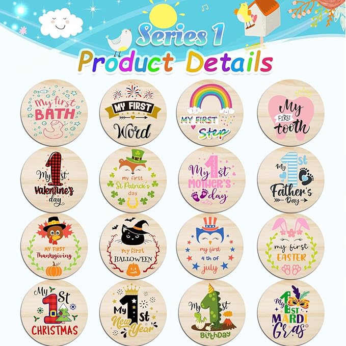 42 Designs First Year Milestones,Wooden Baby First Holiday Signs,Baby Monthly Milestone Photo Props for Newborn to Age 1,Pregnancy Baby Shower Cards (First Holiday Milestone)-CubbioJoy