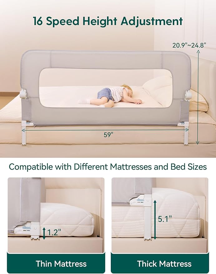 BABELIO Bed Rail for Toddlers, 59" Wide Swing Down & Adjustable Height Toddler Bed Rails for Kids/Elderly/Adults, Baby Side Railing for Twin/Full/Queen/King Size-CubbioJoy