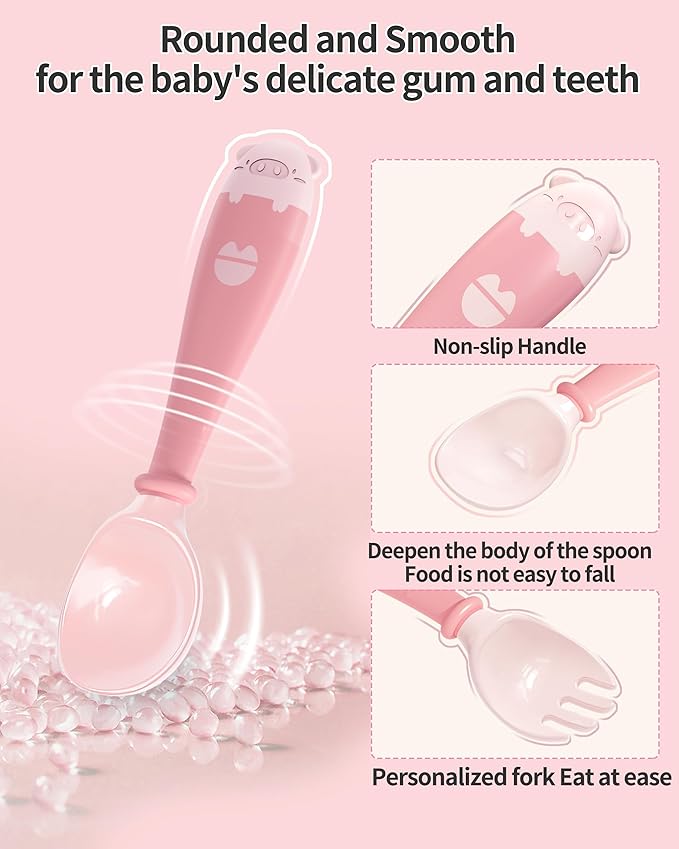 Deejoy Toddler Utensils with Travel Case, Baby Spoons and Forks Set for Self Feeding, Silicone Bendable Handle, Easy Grip Heat-Resistant, Self-feeding Flatware Sets for Kids (Stage 2) Pink-CubbioJoy