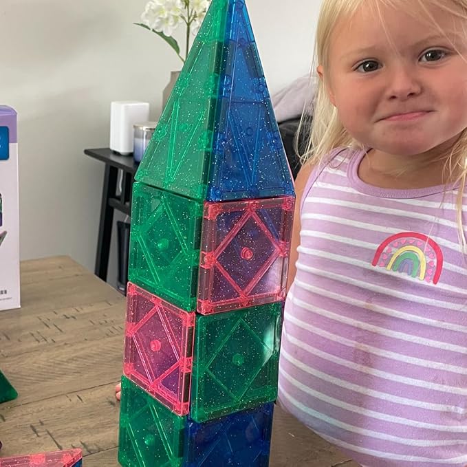 CreateOn Crayola Glitter Magnetic Tiles, Building Set for Kids, Magnetic Tiles, Kids’ Building Toys, STEM & Montessori Toys for Boys and Girls Ages 3+, 24-Piece Set (Glitter)-CubbioJoy