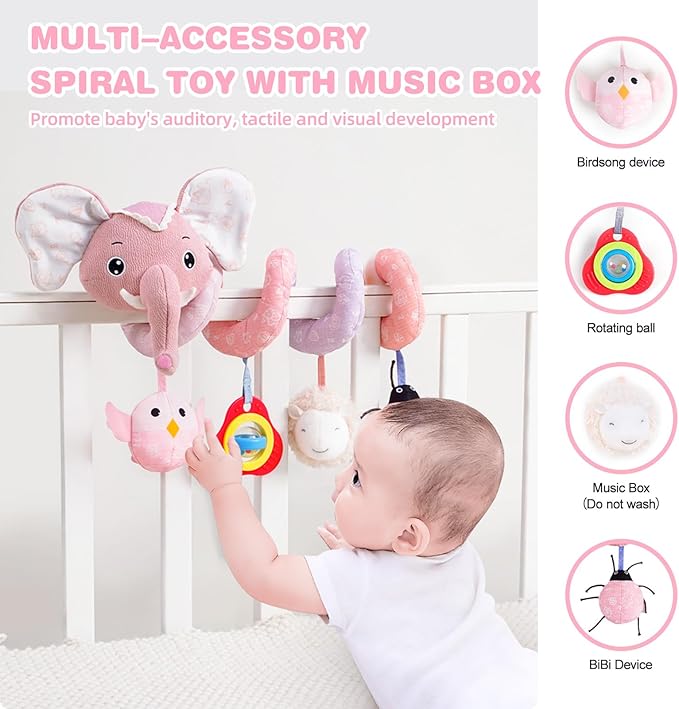 Jollybaby Baby Car Seat Stroller Toys, Plush Activity Hanging Spiral Activity Pram Crib with Music Box, Rattles, Squeaker for Babies Infant Boys Girls(SZ Pink Elephant)-CubbioJoy