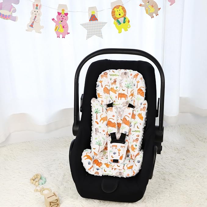 Infant Car Seat Insert, Soft Baby Car Seat Head & Body Support for Girl Boy, Reversible Newborn Preemie Carseat Insert Cushion with 3 Straps Pads Fits CarSeat, Stroller, Swing, Bouncer, Animals-CubbioJoy
