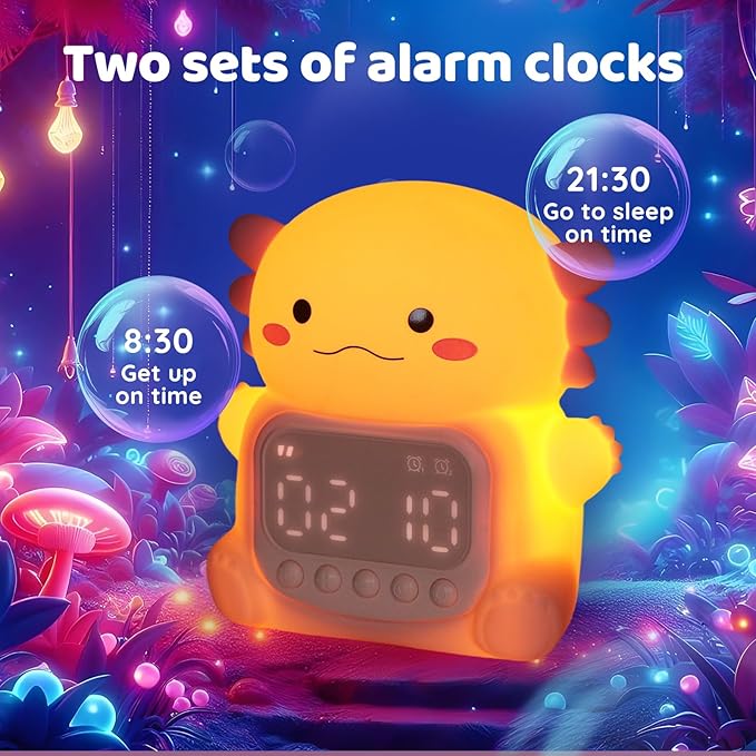 Axolotl Alarm Clock with Night Light for Kids, Rechargeable Silicone Lamp Time to Wake Clock，Cute Animal Tabletop Lamp, Perfect Sleep Companion for Boys Girls-CubbioJoy