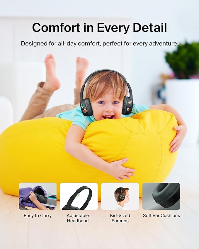 Belkin SoundForm Mini Kids Wireless Headphones w/Built-in Microphone, 30H of Playback Time, & Fun Stickers - Over-Ear Headsets for Online Learning, School, Travel, iPhone, iPad, Galaxy & More - Black-CubbioJoy