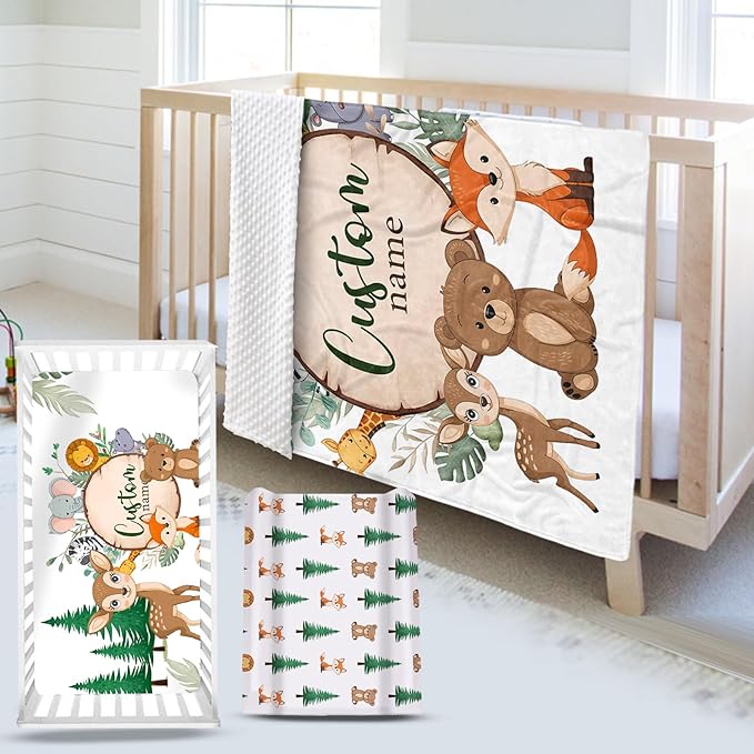 Custom Name Crib Bedding Set - Animal Theme, Personalized Nursery Bedding 3-Piece Set– Soft Blanket, Fitted Sheet, Changing Pad Cover – for Newborns Boys Girls Nursery Gifts-CubbioJoy
