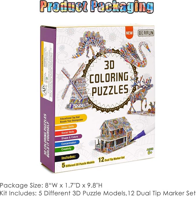BEARUN 3D Coloring Puzzle Set, Arts and Crafts for Girls and Boys Age 6 7 8 9 10 11 12 Year Old, Fun Educational Painting Crafts Kit with Supplies for Kids, Birthday Toy Gift for Kids-CubbioJoy