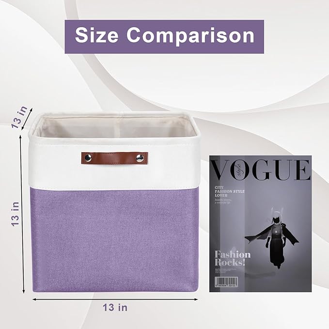 13x13 Cube Storage Bins, Collapsible Fabric Storage Box, 4 Pack Closet Baskets with Handles for Organizing, Shelf, Toys, Clothes, Home, Office, Nursery (Purple&White)-CubbioJoy