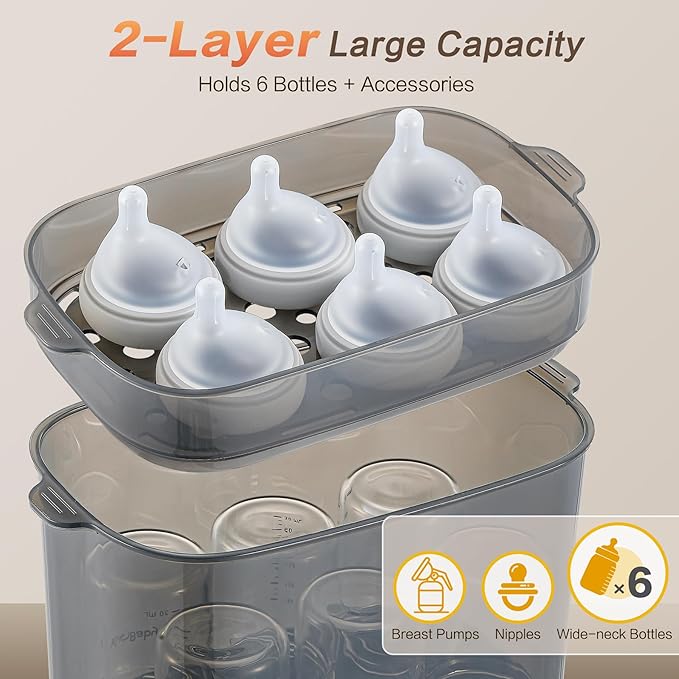 4-in-1 Baby Bottle Steamer and Dryer, Electric Steamer with Fast Drying, Universal Fit for All Bottles, LED Touch Screen & Auto Shut-Off Protection (Grey)-CubbioJoy