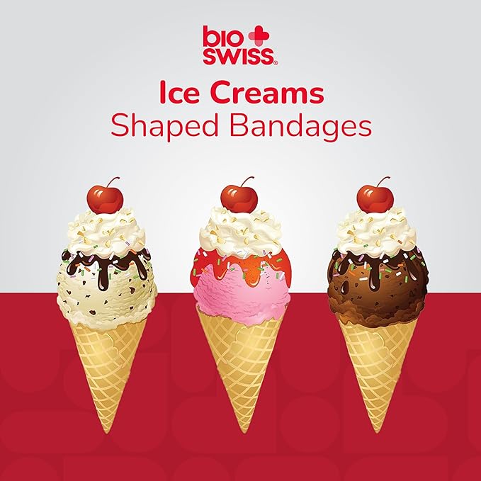 BioSwiss Bandages, Ice Cream Shaped Self Adhesive Bandage, Latex Free Sterile Wound Care, Fun First Aid Kit Supplies for Kids, 24 Count-CubbioJoy