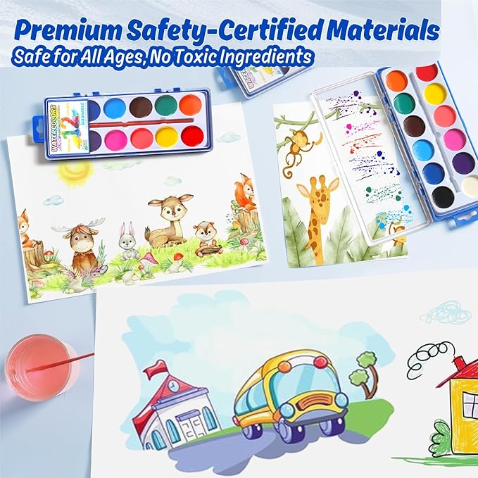 24 Packs Watercolor Paint Set Bulk, 12 Vibrant Colors Washable Watercolors with Brushes for Kids, Art Activities Painting Supplies for School Classroom Home-CubbioJoy